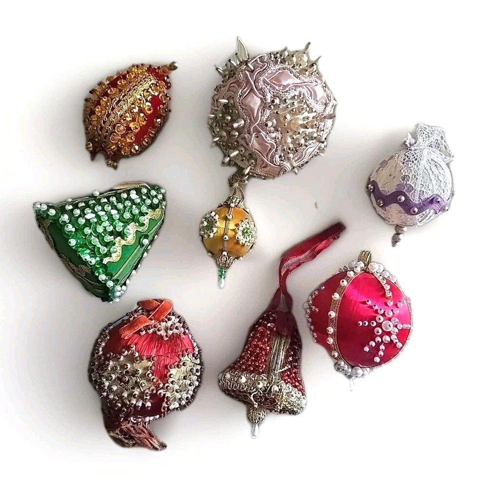 Lot Of 8 Christmas Fancy Beaded Push Pin Vintage Ornaments Handmade Victorian